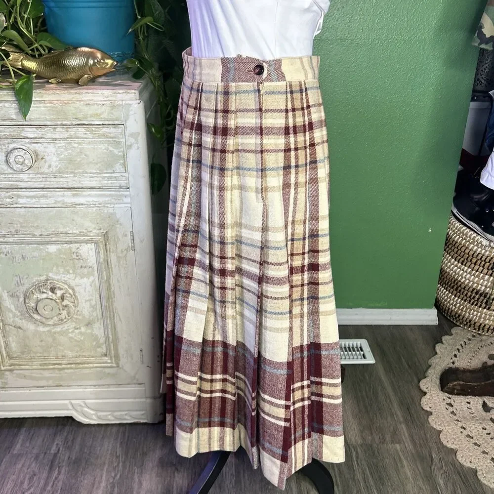 Vtg Wool Blend Pleated Midi Cream Plaid Skirt Union Made 11/12 Academia